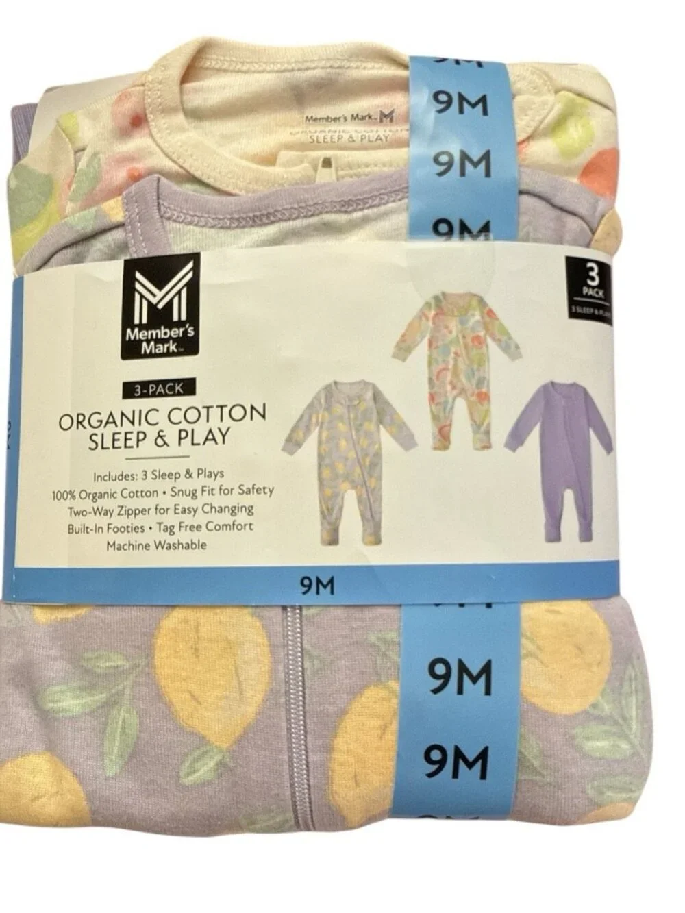 Member's Mark Baby 3-Pack Organic Cotton Sleep And Play-Size 9 Months-NWT